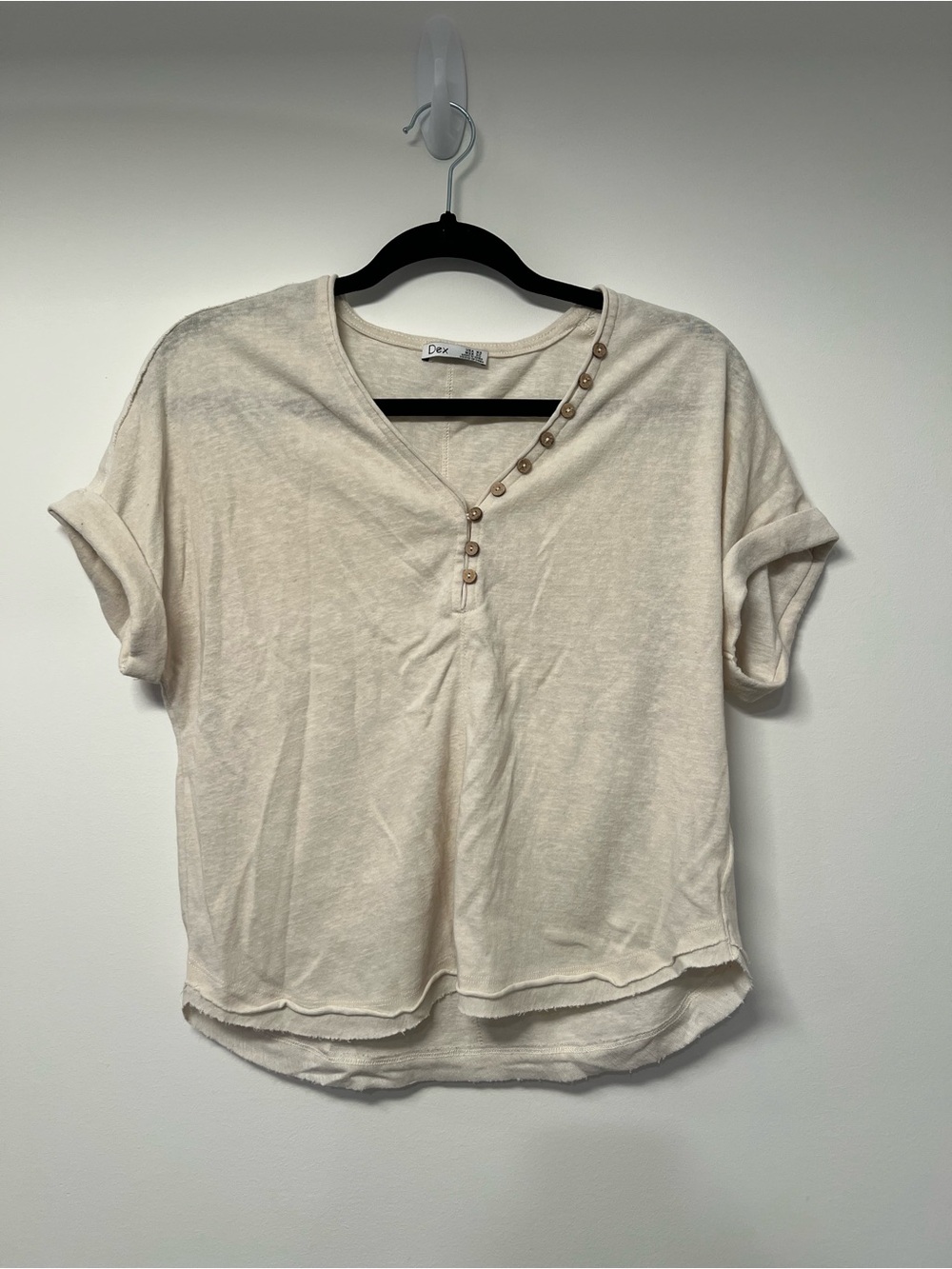 Dex Cream Short Sleeve V-Neck Tee with Button Trim